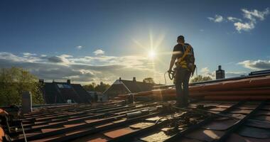 Wiederherstellen das Dach von ein heim. umfassend Dach Reparatur Arbeit zum Häuser. generativ ai foto