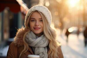 glücklich jung Frau halt ein Tasse von Kaffee im ein Stadt Straße. ai generativ foto