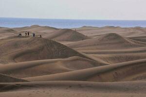 Menschen Gehen auf das Sand Dünen in der Nähe von das Ozean foto