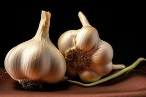 Fotos von Knoblauch im Innen- Foto Studio ai generiert