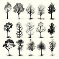 einstellen von Bäume Silhouetten isoliert auf Weiß Hintergrund generativ ai. foto