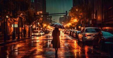 Mädchen im das Regen mit ein Regenschirm, verschwommen Hintergrund - - ai generiert Bild foto