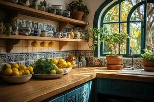 entlarven marokkanisch Fliesen im das Küche Zimmer ai generiert foto