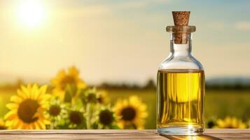 ai generiert ai Generation. Sonnenblume Öl im Glas Flasche auf hölzern Tabelle mit Blühen Feld auf das foto