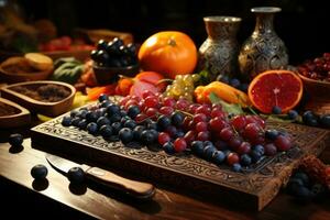 Fotos von Schneiden Tafel mit Früchte und ein Messer im Innen- Foto Studio ai generiert