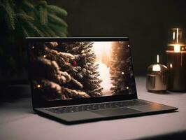 ai generiert ai Generation. ein öffnen Laptop steht auf ein Tabelle in der Nähe von das Neu Jahr Baum. fröhlich Weihnachten foto