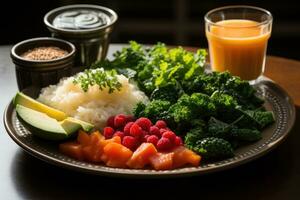 Fotos von vegan Essen zum Frühstück im Innen- Foto Studio ai generiert