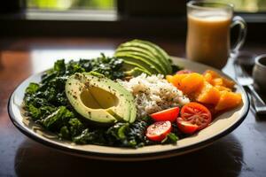 Fotos von vegan Essen zum Frühstück im Innen- Foto Studio ai generiert