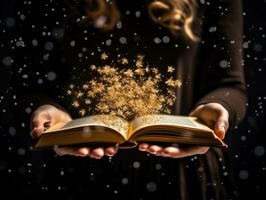 ai generiert ai Generation. Mann geöffnet ein Magie Buch mit wachsend Beleuchtung und Magie Pulver. Weihnachten foto