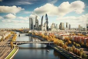 Panorama- Aussicht von das Stadt von Frankfurt bin hauptsächlich, Deutschland, Moskau Horizont mit das historisch die Architektur Wolkenkratzer und moskva Fluss und Arbat Straße Brücke, Antenne Sicht, ai generiert foto
