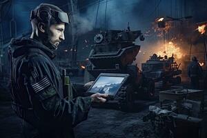 Porträt von ein Soldat im ein Militär- Uniform mit ein Tablette im seine Hände gegen das Hintergrund von das Ruinen von ein industriell Anlage, Handy, Mobiltelefon Militär- Base, Soldat Ingenieur übermittelt, ai generiert foto