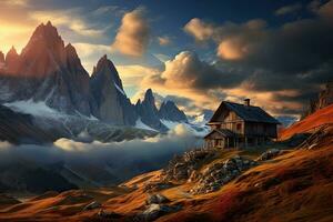 Fantastisch Landschaft mit alt hölzern Haus im das Berge beim Sonnenuntergang, Berge im Nebel mit schön Haus und Kirche beim Nacht im Herbst. Landschaft mit hoch Felsen, Blau Himmel mit Mond, ai generiert foto