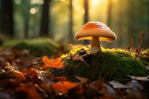 Amanita Muscaria Pilz auf Moos im Herbst Wald, Pilz im das Herbst hd 8 Tausend Hintergrund Lager fotografisch Bild, ai generiert foto