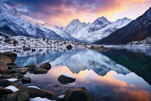 schön Berg See im Himalaya beim Sonnenuntergang, Nepal, Berg See mit perfekt Betrachtung beim Sonnenaufgang. schön Landschaft mit lila Himmel, schneebedeckt Berge, Hügel, Nebel über, ai generiert foto