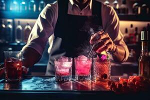 Barmann vorbereiten ein Cocktail beim das Bar Zähler im ein Nachtclub, Experte Barmann ist Herstellung Cocktails beim das Nacht Verein oder Bar, oben Sektion abgeschnitten, ai generiert foto