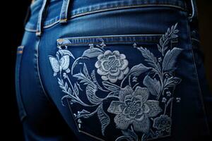 Jeans mit Blumen- Ornament auf ein schwarz Hintergrund, Nahaufnahme, Stickerei Blumen- abstrakt Fantasie Design Luxus Denim Blau Jeans, ai generiert foto