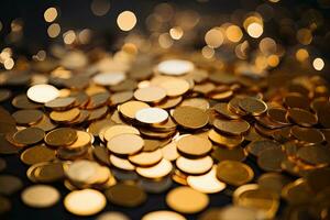 golden Münzen mit Bokeh Hintergrund, Geschäft und finanziell Konzept, golden Konfetti auf ein schwarz Hintergrund. flach Tiefe von Feld, ai generiert foto