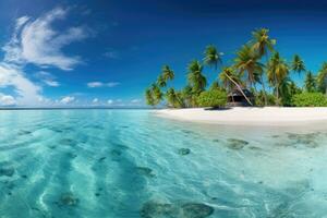 tropisch Insel mit Palme Bäume beim das Unterseite von das Meer, tropisch Insel im Malediven beim Sommer- Zeit. Panorama, ai generiert foto