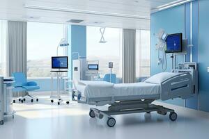 3d Rendern von ein Krankenhaus Zimmer Innere mit ein Bett und Ausrüstung, Innere von ein modern Krankenhaus Zimmer mit medizinisch Ausrüstung. 3d Wiedergabe, ai generiert foto