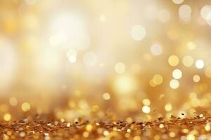 golden funkeln Hintergrund mit Bokeh defokussiert Beleuchtung und funkeln, golden Konfetti auf ein Licht Hintergrund. festlich abstrakt Hintergrund mit Bokeh Wirkung, ai generiert foto