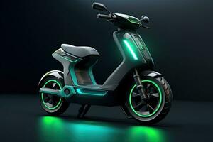 modern Roller auf ein dunkel Hintergrund. 3d Wiedergabe. Neon- Licht, generisch elektrisch Roller, futuristisch Mobilität Lösung zum Städte. nachhaltig Transport Lösungen. Grün Energie, ai generiert foto
