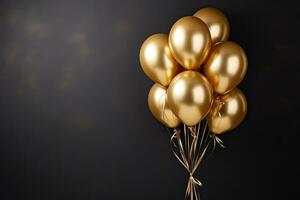 golden Luftballons auf dunkel Hintergrund, Raum zum Text. festlich Dekoration, Gold Luftballons Bündel auf ein schwarz Mauer Hintergrund, ai generiert foto