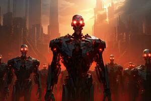 Cyborgs im ein futuristisch Stadt. 3d Rendern Bild, mechanisch Wächter ein Bild mit hoch aufragend ai Roboter, ihr imposant Gegenwart und glühend Augen bedeuten ihr Rolle Beschützer, ai generiert foto
