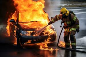 Feuerwehrleute löschen ein Feuer im ein Auto auf das Straße, Feuerwehrmann mit Wasser und Feuerlöscher zu Kampf mit Feuer Flamme im Unfall Auto auf das streckenseitig Straße, ai generiert foto