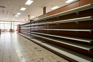 Innere von ein modern Einkaufen Einkaufszentrum mit Reihen von leeren Regale, Essen Mangel im ein generisch Supermarkt. leeren Regale, ai generiert foto