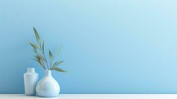 Topf von Blumen auf ein minimalistisch Blau Hintergrund. erstellt mit generativ ai foto