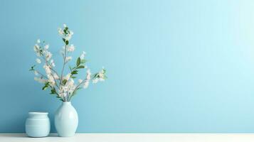Topf von Blumen auf ein minimalistisch Blau Hintergrund. erstellt mit generativ ai foto