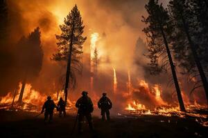 Feuerwehrleute löschen ein Wald Feuer mit Rauch und Brennholz beim Nacht, Feuerwehrmann versuchen zu verhindern das Verbreitung von natürlich Katastrophe, ai generiert foto