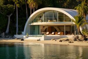 Luxus Villa auf das Strand beim Sonnenuntergang. niemand innen, fotografieren von groß Lagune Strand mit minimalistisch architektonisch Weiß Schiefer Strand Haus. ein Sturzflug gerundet Dach mit Glas Verkleidung, ai generiert foto