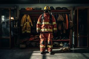 Feuerwehrmann im Uniform und Helm Stehen im Vorderseite von das Feuer Bahnhof, Feuerwehrmann Bunker passen im das Feuer Bahnhof, ai generiert foto