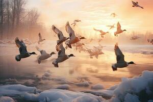 Herde von Enten fliegend Über gefroren See beim Sonnenuntergang, Winter Zeit, Herde von wild Enten fliegend Über gefroren Fluss. Tierwelt im Winter Jahreszeit, ai generiert foto
