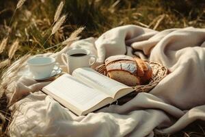 Kaffee, Croissant und Buch auf ein Decke im das Feld, Picknick auf das Gras. ein Korbweide Korb mit Milch und brot, Frucht, ein Hut und ein Buch auf ein gemütlich Decke Verbreitung auf das trocken Gras, ai generiert foto