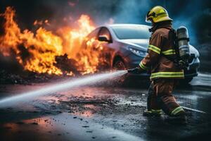 Feuerwehrmann Kampf ein Auto Unfall auf das Straße mit hoch Druck Wasser, Feuerwehrmann mit Wasser und Feuerlöscher zu Kampf mit Feuer Flamme im Unfall Auto auf das streckenseitig Straße, ai generiert foto
