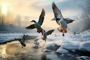 Herde von Gänse fliegend Über ein gefroren Fluss im Winter, Herde von wild Enten fliegend Über gefroren Fluss. Tierwelt im Winter Jahreszeit, ai generiert foto