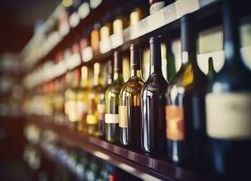 abstrakt verwischen Wein Flaschen auf Alkohol Alkohol Regale im Supermarkt Geschäft Hintergrund. generativ ai foto