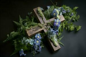 Kreuz dekoriert mit lila Blumen und Farn. generieren ai foto