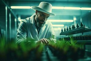 Agronom Biologe Mann im Pflanze Labor. generieren ai foto