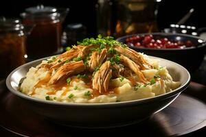 Hähnchen Bisquick und Knödel sind bereit zu Sein serviert ai generiert foto