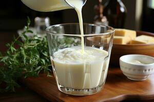 gießen Milch in ein Tasse ai generiert foto