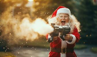 bezaubernd Kind gekleidet wie Santa claus spielen mit Blase Waffen. ai generativ foto