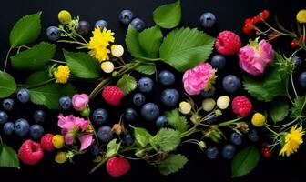 Blaubeeren und Himbeeren mit Gelb blüht. ai generativ foto