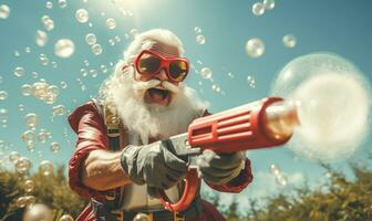 Santa claus im ein spielerisch Stimmung erstellen Seife Blasen. ai generativ foto