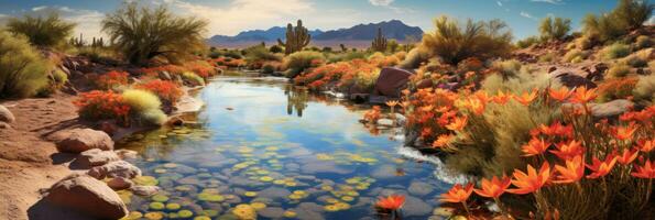 Wüste Oase mit Frühling. ai generativ foto