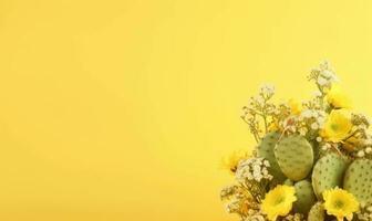froh immer noch Leben von ein lebhaft Blume Strauß und Kakteen. ai generativ foto