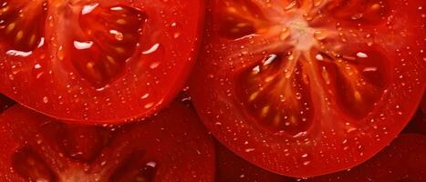 ein auffällig Makro Erfassung von ein geschnitten Tomaten. ai generativ foto