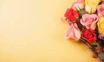 Nahansicht von ein mehrfarbig Rose Strauß. ai generativ foto